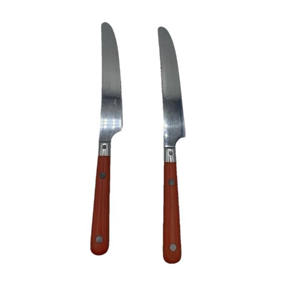 Bistro III Made France Flatware Silverware Orange Handle Stainless Set 2 Knives - Picture 2 of 11